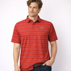 Under Amour Mens Heatgear Polo Shirt Red Stripe Loose Fit Short Sleeve Size M
